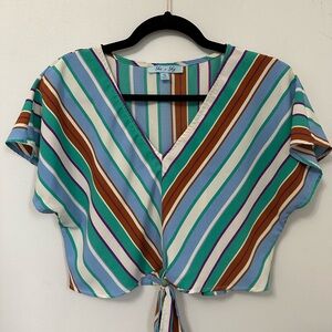 She + Sky Brown and Blue Crop Tie Front Blouse